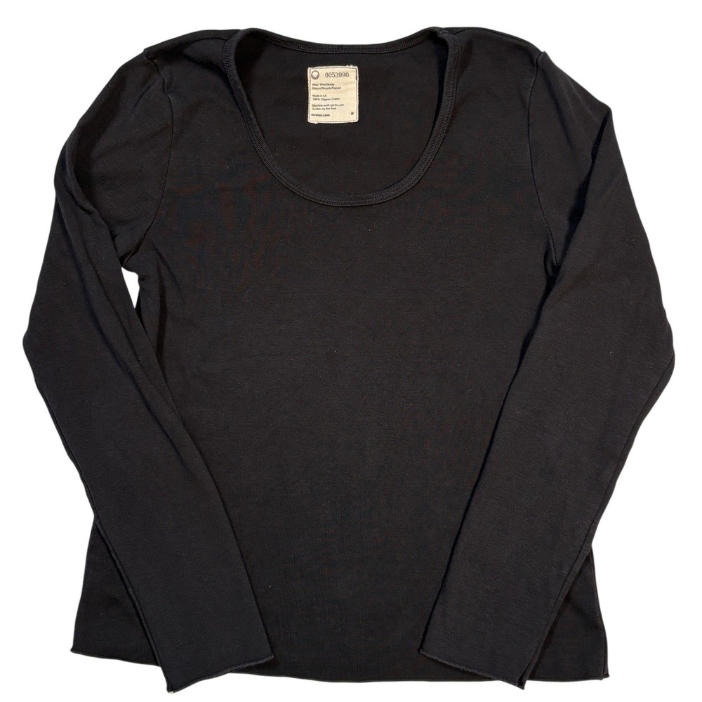 For Days Womens Black Organic Cotton Scoop Neck Long Sleeve Ribbed Top Size M